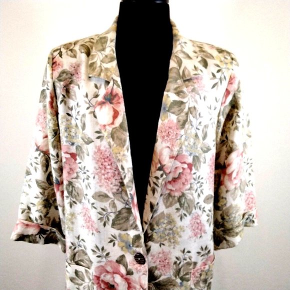 Joanna Sport Women Jacket Beige Floral Boyfriend Blazer Size Medium Vintage Rose - Picture 4 of 12